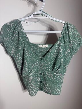 Pink Rose Green Floral Button-Front Puff Sleeve Crop Blouse